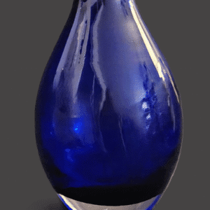 A sleek blue glass vase with a reflective surface.