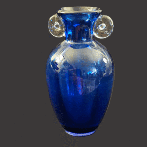 Elegant blue glass vase with two decorative handles.