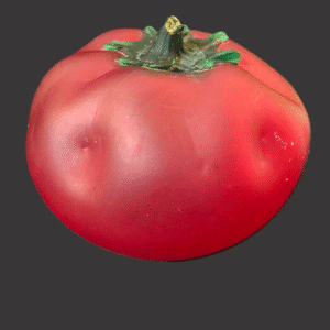 A ripe red tomato with a slightly irregular shape and green stem.