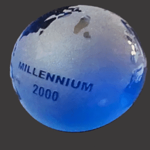 A blue globe with "MILLENNIUM 2000" text.