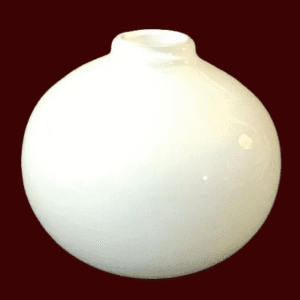 A smooth, round white ceramic vase with a narrow neck.