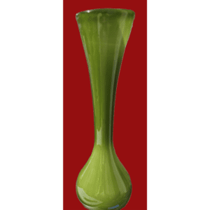 Tall green glass vase with a narrow neck and bulbous base.