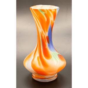 Colorful swirled glass vase with orange and blue patterns.