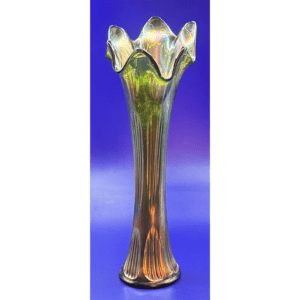 Tall iridescent art glass vase with fluted top and warm gradient colors.