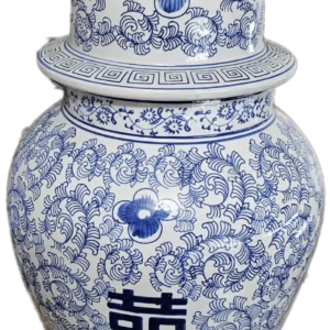 Blue and white porcelain jar with intricate floral patterns and Chinese characters.